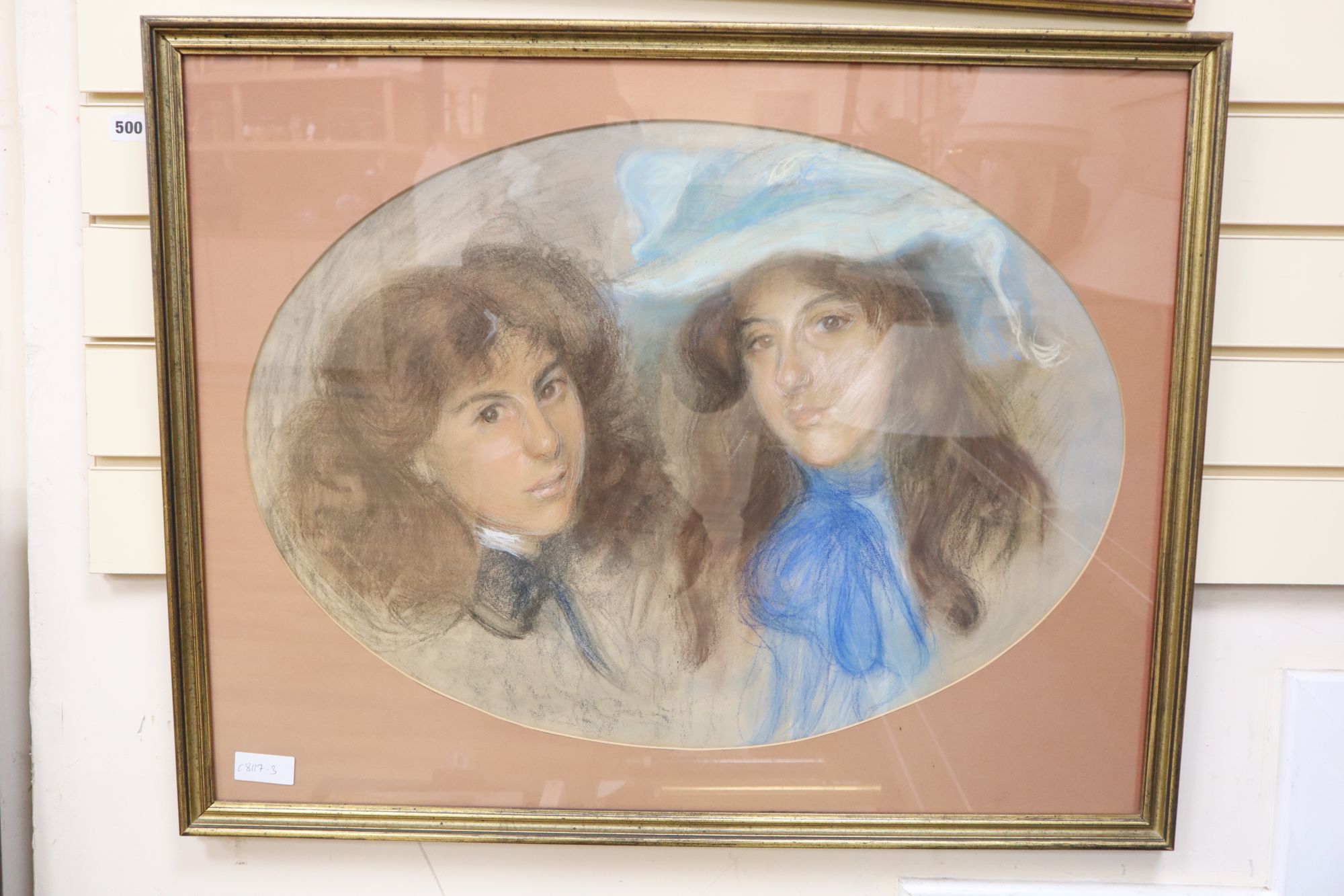 Early 20th century English School, pastel, Portrait of two sisters, oval, 51 x 71cm